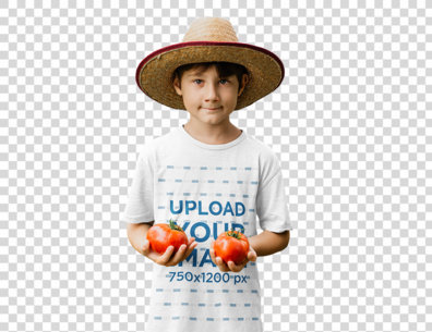 Transparent T-Shirt Mockup Featuring a Boy Picking Tomatoes