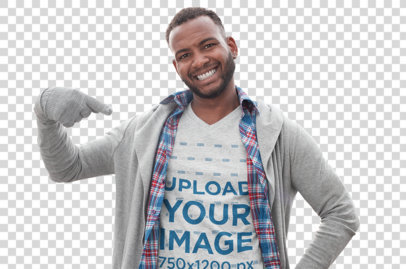 Transparent Heathered V-Neck Tee Mockup of a Man Pointing at Himself