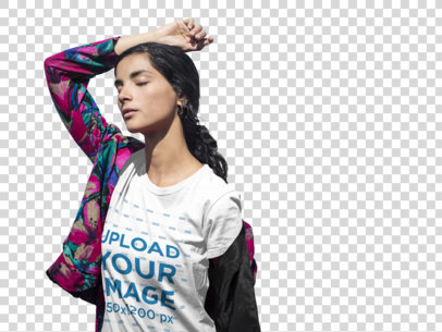 Transparent Woman Wearing a Round Neck Tee Mockup While Posing Against a Blue Wall