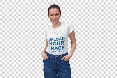 Transparent Tee Mockup of a Woman Posing by a Modern Art Deco Door