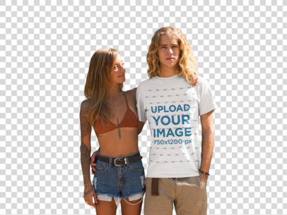 Transparent Surfer Guy Wearing a T-Shirt Mockup Hugging his Girlfriend Near a Blue Wall