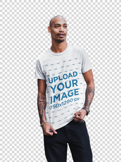 Transparent Tee Mockup of a Cool Tattooed Man Posing on the Street