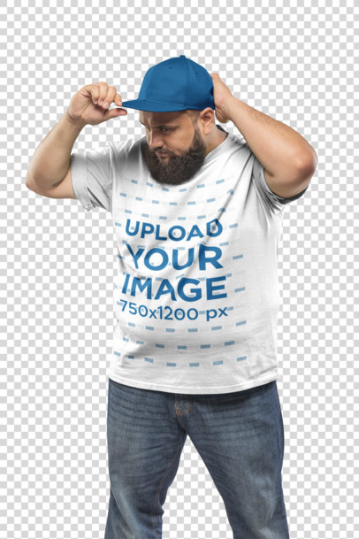 Transparent Plus Size T-Shirt Mockup of a Man Adjusting his Hat