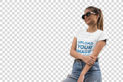 Transparent Tee Mockup of a Smiling Woman Wearing Trendy Sunglasses