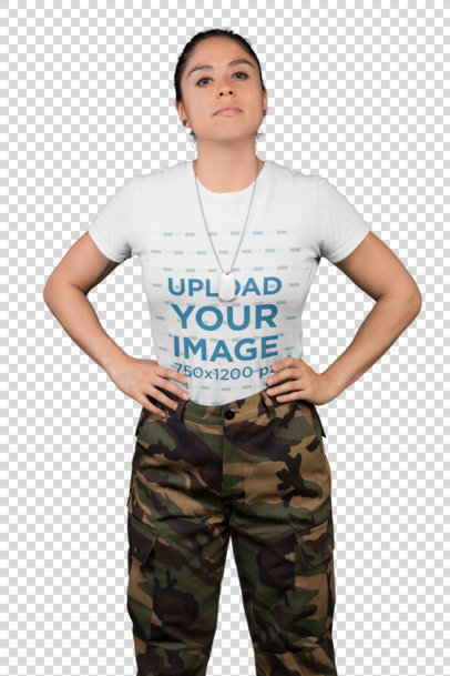 Transparent Mockup of a Woman Wearing a Tshirt and Military Clothing