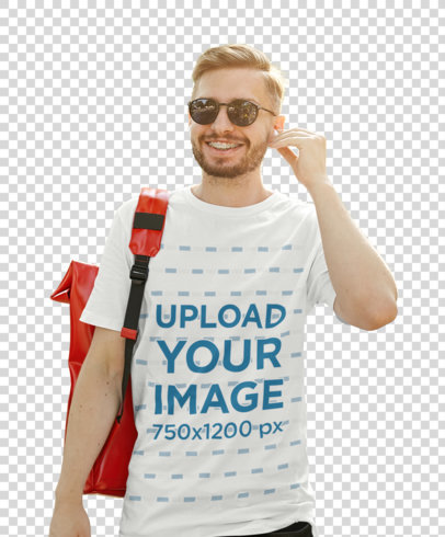 Transparent T-Shirt Mockup of a Bearded Man with Braces and a Red Bag