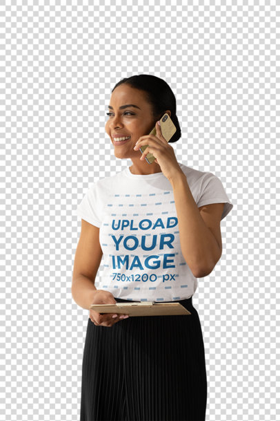 Transparent T-Shirt Mockup of a Smiling Woman Speaking on the Phone