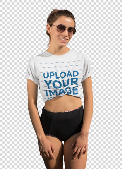Transparent Knotted T-Shirt Mockup of a Woman with Sunglasses Against a Pool