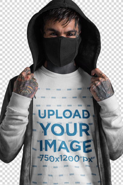 Transparent T-Shirt Mockup of a Goth Man with Tattooed Eyes Wearing a Mouth Mask 26598
