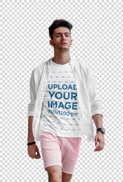 Transparent T-Shirt Mockup Featuring a Stylish Man Walking 