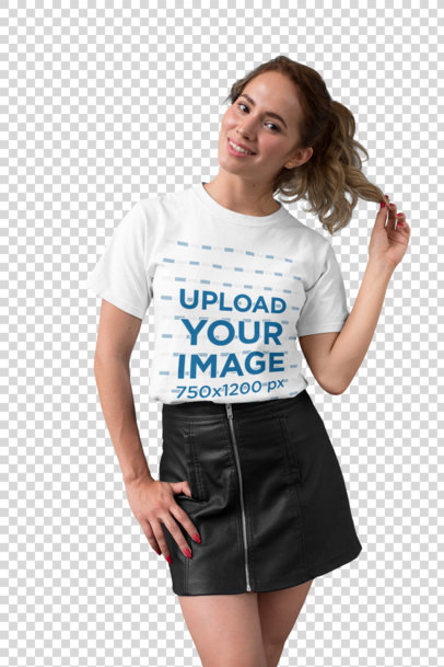 Transparent Tee Mockup of a Woman with a Leather Skirt Playing with Her Hair