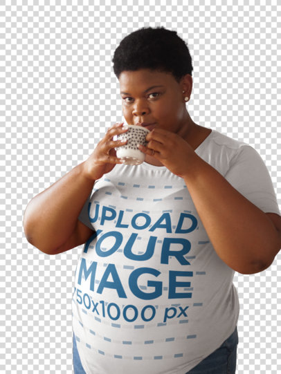 Transparent Mockup of a Woman Wearing a Plus Size T-Shirt Drinking from a Cup