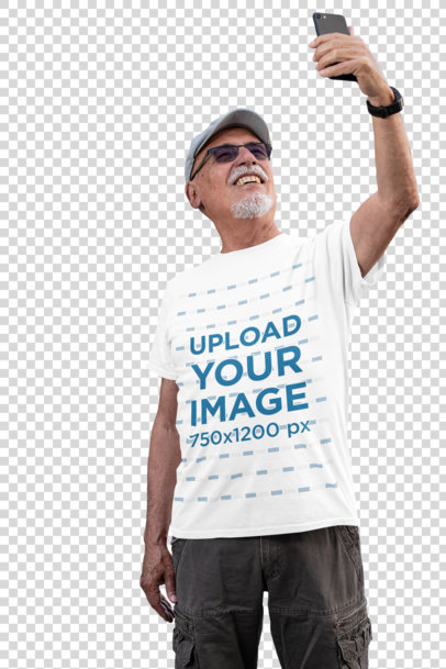 Transparent T-Shirt Mockup of a Senior Man Taking a Selfie