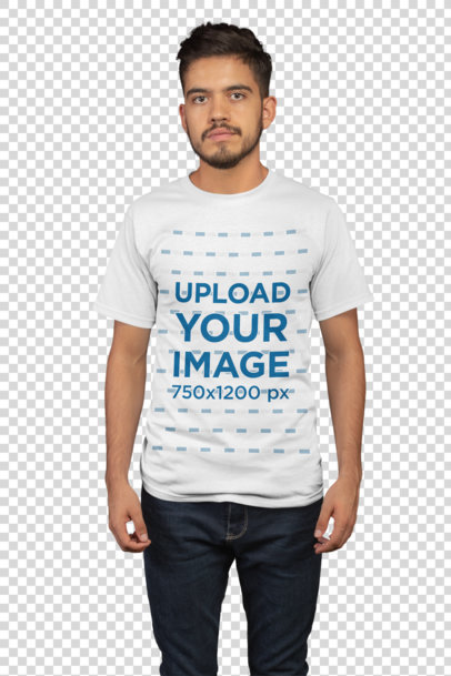 Transparent Mockup Featuring a Young Man with Beard Wearing a T Shirt and Jeans