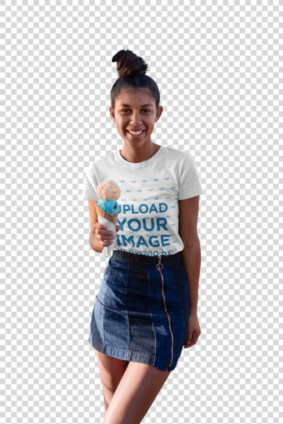Transparent T-Shirt Mockup of a Happy Woman with an Ice Cream at a Beach Pier