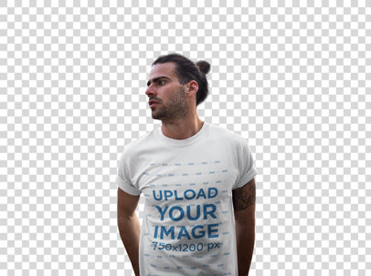 Transparent Tshirt Mockup Featuring a Long-Haired Man Downtown