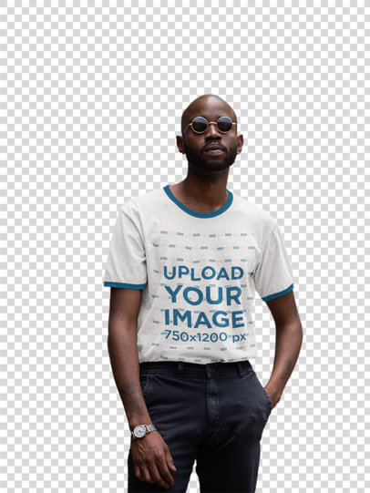 Transparent Ringer Tee Mockup of a Man with Sunglasses Posing by Some Stone Buildings