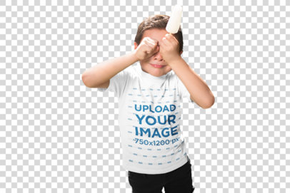Transparent Mockup of a Kid with a Popsicle Wearing a T-Shirt Outdoors