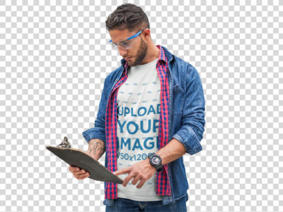 Transparent T-Shirt Mockup Featuring a Manager Checking Stock a20442