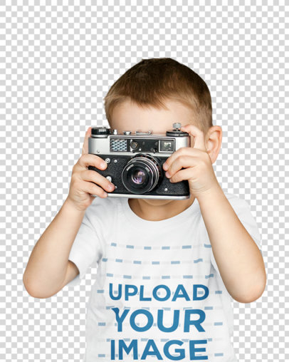 Transparent T-Shirt Mockup of a Boy Taking a Picture With an Old Camera 45037-r-el2