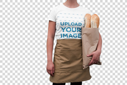 Transparent T-Shirt Mockup of a Woman Holding Baguettes and Wearing an Apron
