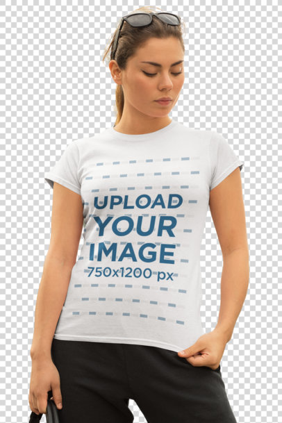 Transparent Athleisure T-Shirt Mockup of a Woman with Sunglasses 