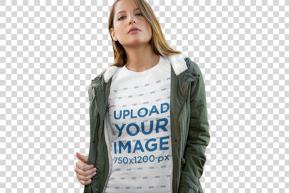 Transparent T-Shirt Mockup of a Young Woman with Bushes in the Background