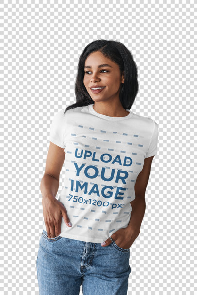 Transparent Mockup of a Woman Wearing a T-Shirt and Leaning Against a Granite Wall 