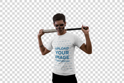 Transparent Halloween T-Shirt Mockup Featuring a Man with Skull Make-Up Holding a Baseball Bat Against his Back 23022
