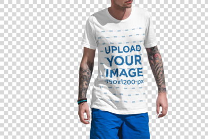 Transparent T-Shirt Mockup of a Tattooed Man Walking on the Beach