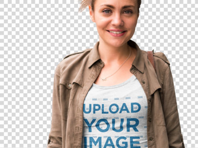 Transparent T-Shirt Mockup of a Trendy Woman Traveling