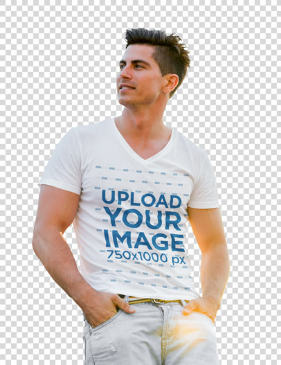 Transparent Mockup of a Man Posing with a V-Neck Tee