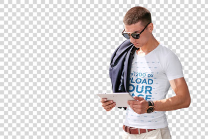 Transparent T-Shirt Mockup of a Man with Sunglasses Checking His Tablet 34426-r-el2