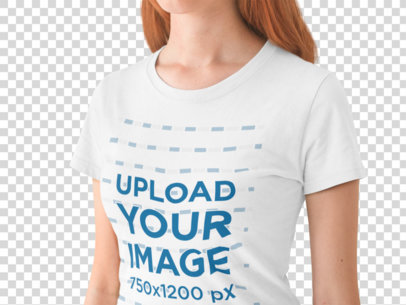 Transparent Angled Closeup of a T-Shirt Mockup Being Worn by a White Woman
