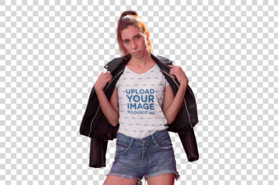 Transparent Mockup of a Fierce Woman Wearing a V-Neck Tee 
