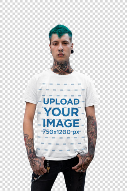 Transparent Mockup of a Punk Man with a Nose Piercing Wearing a T-Shirt