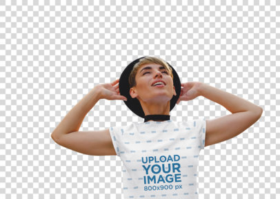 Transparent Sublimated T-Shirt Mockup of a Trendy Woman With Her Hands on Her Head 