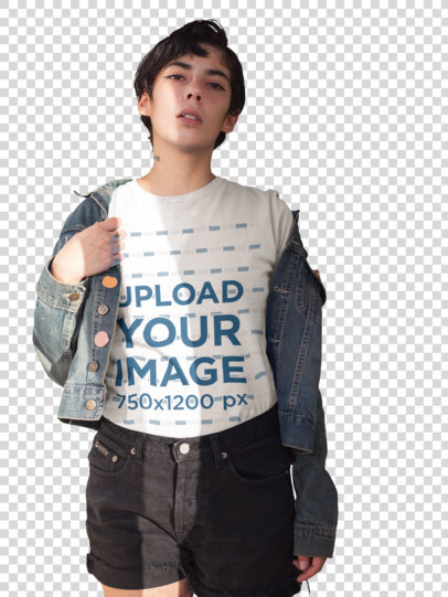 Transparent T-Shirt Mockup Featuring a Woman With a Neck Tattoo Wearing Denim