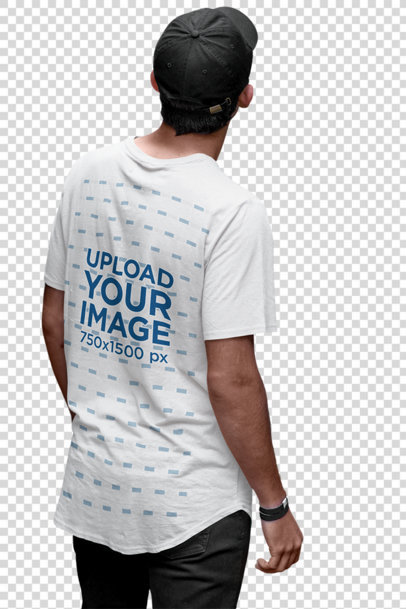 Transparent Back View T-Shirt Mockup Featuring a Man with a Cap
