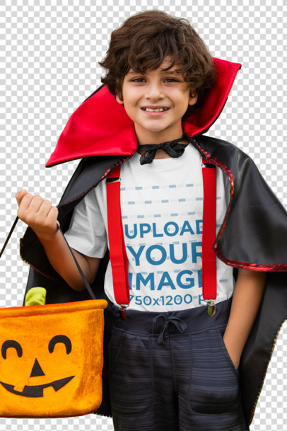 Transparent Mockup of a Boy Wearing a T-Shirt and a Vampire Costume