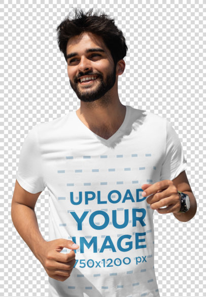 Transparent V-Neck Tee Mockup of a Young Bearded Man Running 