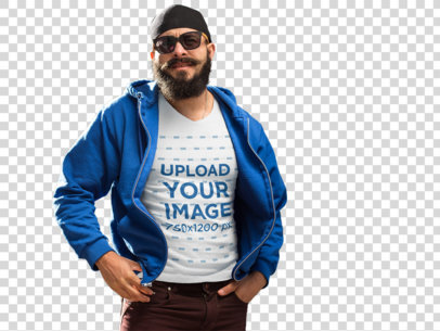 Transparent V-Neck Tee Mockup of a Bearded Man Walking Around