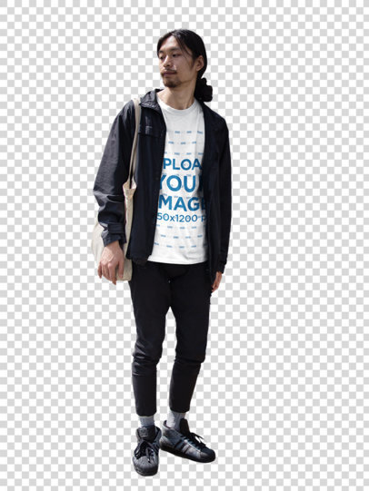 Transparent Guy Wearing a T-Shirt Mockup While Carrying a Tote Bag Outdoors