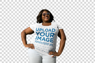 Transparent Mockup of a Happy Woman Wearing a Plus Size T-Shirt Near Palm Trees 
