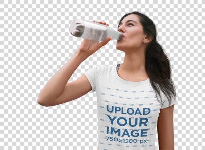Transparent T-Shirt Mockup Featuring a Woman Drinking Water 