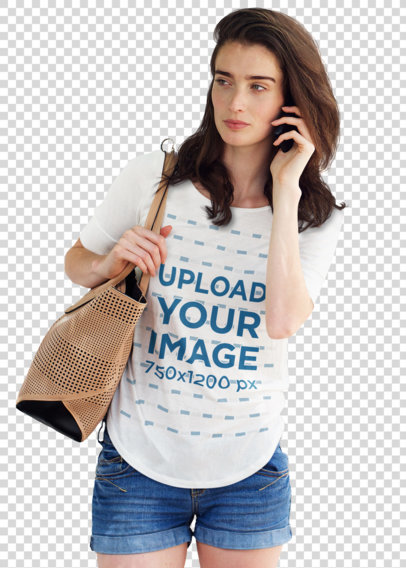 Transparent T-Shirt Mockup of a Serious Woman on the Phone 