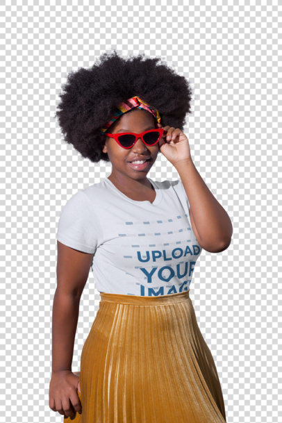 Transparent T-Shirt Mockup Featuring a Woman Wearing a Gold Pleated Skirt