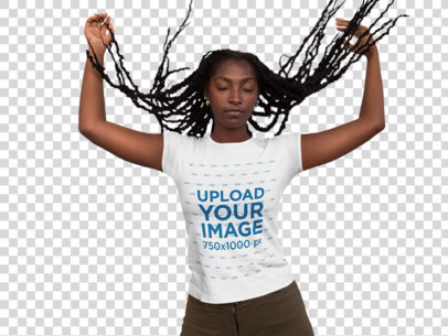 Transparent Mockup of a Woman Playing With Her Hair and Wearing a T-Shirt 