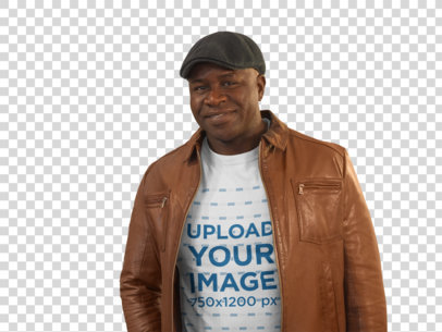 Transparent T-Shirt Mockup Featuring a Smiling Senior Man with a Beret