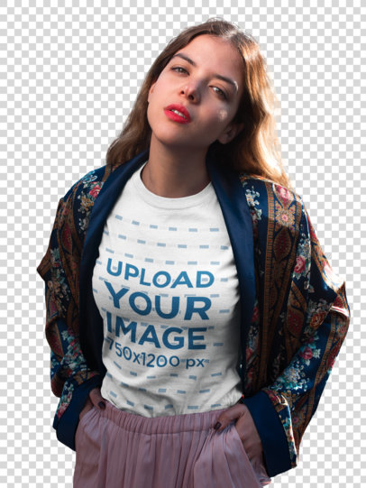 Transparent Pretty Woman Wearing a Round Neck T-Shirt Mockup while Outdoors